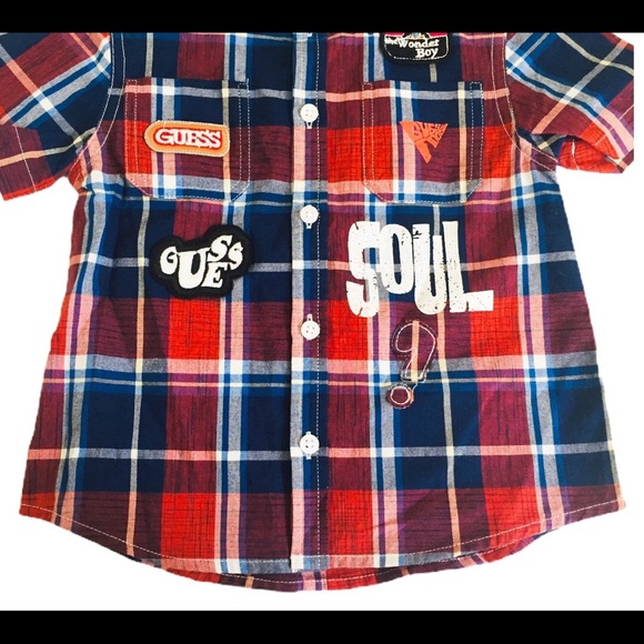 NWT GUESS Soul Print Plaid Button Down Shirt With Cap Sleeves Red/Navy Blue 2Y - Picture 5 of 8